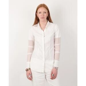 Brunello Cucinelli Women White Button Up Shirt Sheer Sleeves Cotton Blend Size M